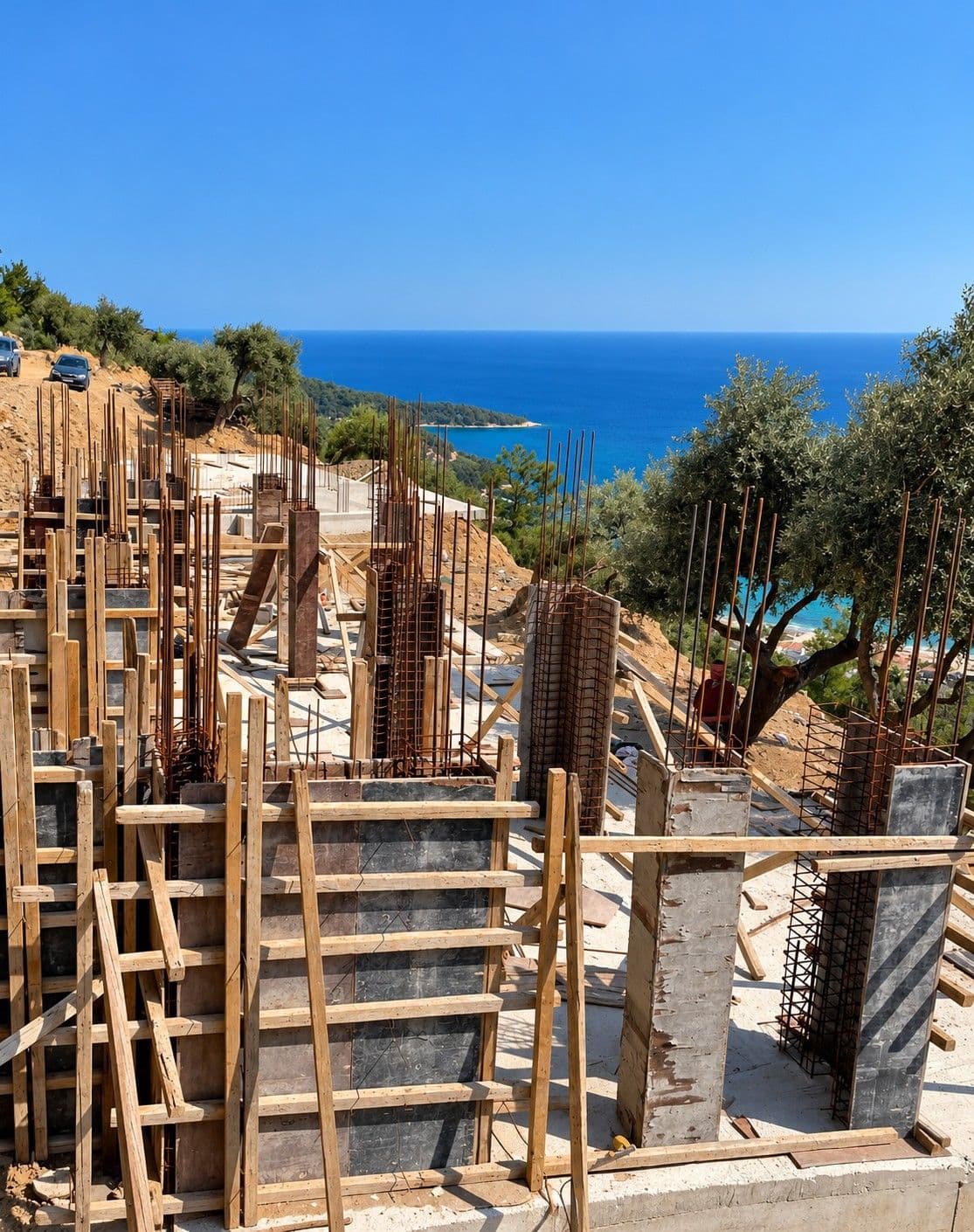 Reinforced concrete columns in wooden formwork on the construction site, with trees and the sea behind.